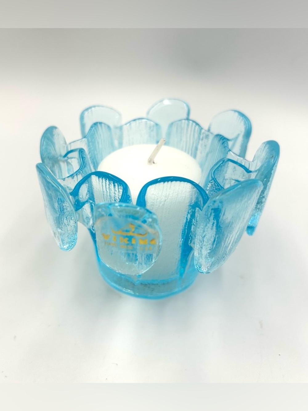 Vintage Viking Glass "Finnish Vessel" Crown Votive Candle holder Spring Blue